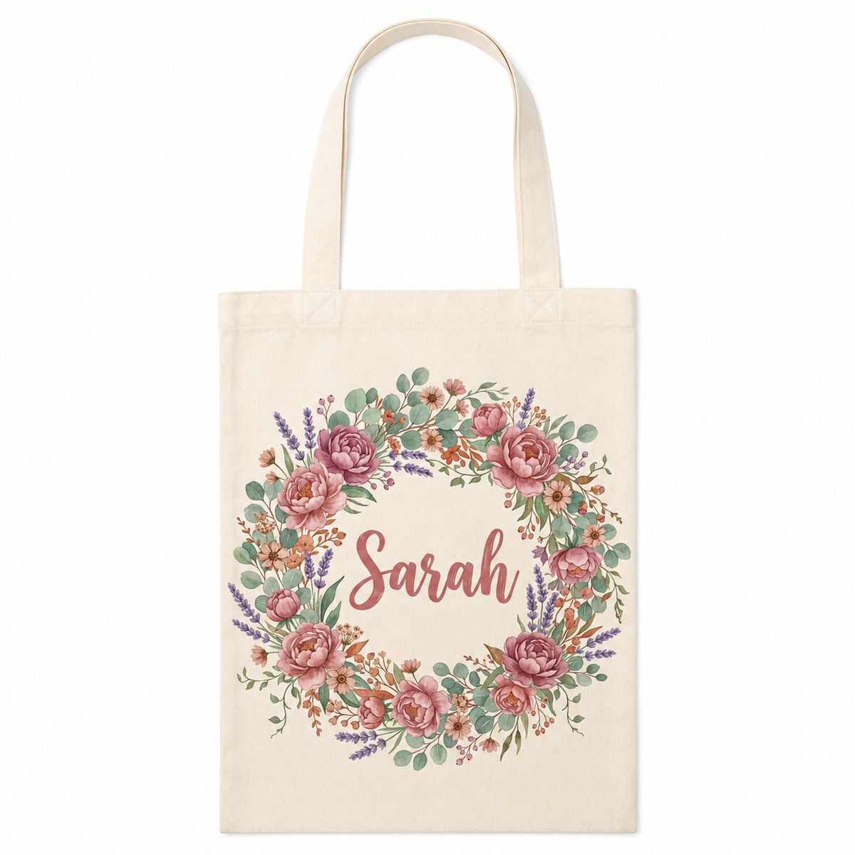 Personalized Floral Wreath Name Canvas Tote Bag