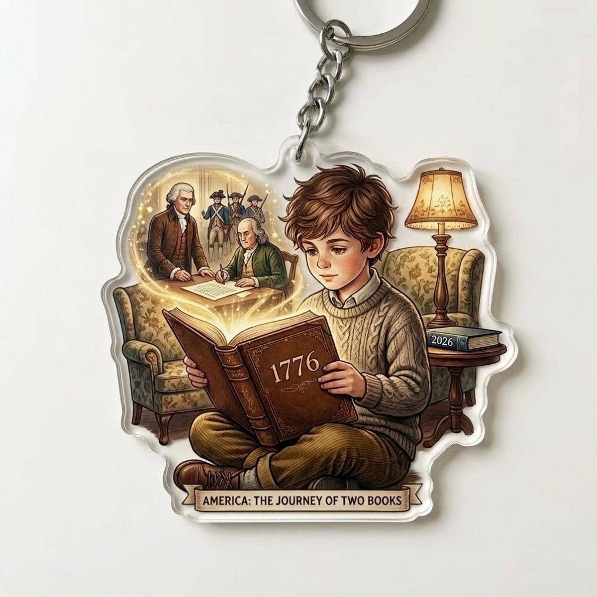 USA 250th Anniversary Keychain - Boy & 1776 Historical Scene Acrylic Charm