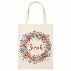 Personalized Floral Wreath Name Canvas Tote Bag