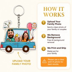Custom Family Photo Keychain - Blue Car Family of Four Acrylic Charm - Unique Family Gift image 4
