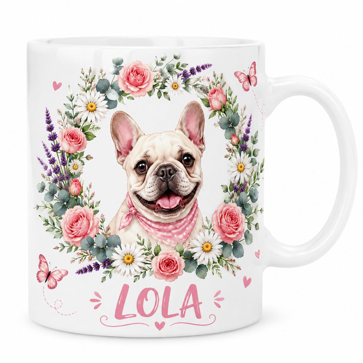 Personalized Pet Photo Mug - Floral Wreath Custom Dog Cat Photo Coffee Cup, Custom Name Pet Gift, Pink Flower Pet Lover Mug