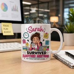 I Survived Another Meeting Mug, Custom Name Ceramic Coffee Cup, Funny Office Humor Gift for Her | Trinmama image 3