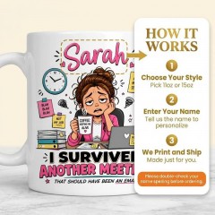 I Survived Another Meeting Mug, Custom Name Ceramic Coffee Cup, Funny Office Humor Gift for Her | Trinmama image 4