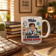 I Survived Another Meeting Mug, Custom Name Ceramic Coffee Cup, Funny Office Humor Gift for Him | Trinmama image 2