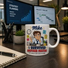 I Survived Another Meeting Mug, Custom Name Ceramic Coffee Cup, Funny Office Humor Gift for Him | Trinmama image 3