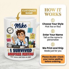 I Survived Another Meeting Mug, Custom Name Ceramic Coffee Cup, Funny Office Humor Gift for Him | Trinmama image 4