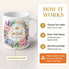 Personalized Queen of the Kitchen Mug, Custom Name Ceramic Coffee Cup, Cooking Lover Gift | Trinmama image 4