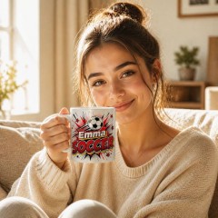Custom Soccer Mug with Name, Comic Pop Art Ceramic Coffee Cup, Sports Fan Gift | Trinmama image 2