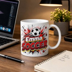 Custom Soccer Mug with Name, Comic Pop Art Ceramic Coffee Cup, Sports Fan Gift | Trinmama image 3