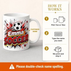 Custom Soccer Mug with Name, Comic Pop Art Ceramic Coffee Cup, Sports Fan Gift | Trinmama image 4