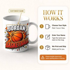 Custom Basketball Mug with Name, Comic Pop Art Ceramic Coffee Cup, Sports Fan Gift | Trinmama image 4