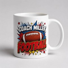 Custom Football Mug with Name, Comic Pop Art Ceramic Coffee Cup, Sports Fan Gift | Trinmama