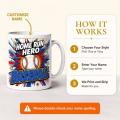 Custom Baseball Mug with Name, Comic Pop Art Ceramic Coffee Cup, Sports Fan Gift | Trinmama image 4