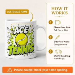 Custom Tennis Mug with Name, Comic Pop Art Ceramic Coffee Cup, Sports Fan Gift | Trinmama image 4