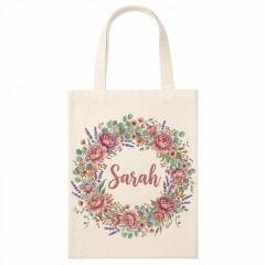 Personalized Floral Wreath Name Canvas Tote Bag