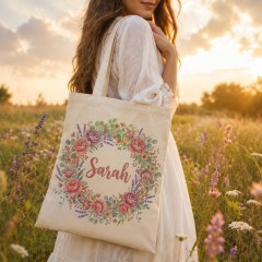 Personalized Floral Wreath Name Canvas Tote Bag, Custom Cotton Shopper, Gift for Her | Trinmama image 3