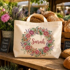 Personalized Floral Wreath Name Canvas Tote Bag, Custom Cotton Shopper, Gift for Her | Trinmama image 4