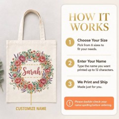 Personalized Floral Wreath Name Canvas Tote Bag, Custom Cotton Shopper, Gift for Her | Trinmama image 6