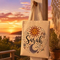 Personalized Sun and Moon Name Canvas Tote Bag, Custom Cotton Shopper, Gift for Her | Trinmama image 3