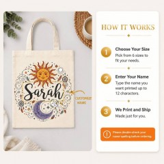 Personalized Sun and Moon Name Canvas Tote Bag, Custom Cotton Shopper, Gift for Her | Trinmama image 6