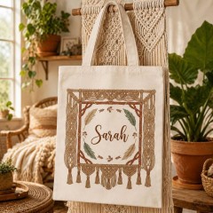 Personalized Macrame Frame Name Canvas Tote Bag, Custom Cotton Shopper, Boho Gift | Trinmama image 3