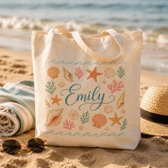 Personalized Shell & Starfish Name Canvas Tote Bag, Custom Beach Shopper, Coastal Gift | Trinmama image 3