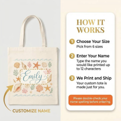 Personalized Shell & Starfish Name Canvas Tote Bag, Custom Beach Shopper, Coastal Gift | Trinmama image 6