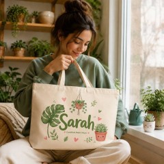 Personalized Cute Plant Mom Name Canvas Tote Bag, Custom Cotton Shopper, Plant Lover Gift | Trinmama image 4