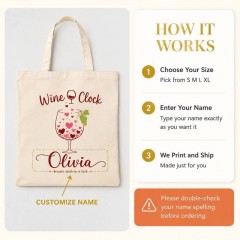 Personalized Wine O Clock Name Canvas Tote Bag, Custom Cotton Shopper, Wine Lover Gift | Trinmama image 6