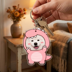 Personalized Pink Dinosaur Pet Photo Keychain, Acrylic Keyring, Cute Monster Gift | Trinmama image 3