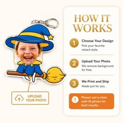 Custom Photo Wizard on Flying Broomstick Keychain, Acrylic Charm, Magical Gift | Trinmama image 4