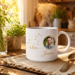 Personalized Leo Photo Mug, Custom Face Portrait & Name Ceramic Coffee Cup, Astrology Birthday Gift | Trinmama image 2