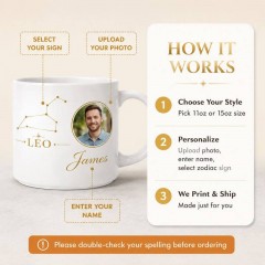 Personalized Leo Photo Mug, Custom Face Portrait & Name Ceramic Coffee Cup, Astrology Birthday Gift | Trinmama image 4