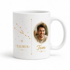 Personalized Taurus Photo Mug, Custom Face Portrait & Name Ceramic Coffee Cup, Astrology Birthday Gift | Trinmama