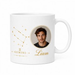 Personalized Gemini Photo Mug, Custom Face Portrait & Name Ceramic Coffee Cup, Astrology Birthday Gift | Trinmama