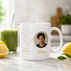Personalized Gemini Photo Mug, Custom Face Portrait & Name Ceramic Coffee Cup, Astrology Birthday Gift | Trinmama image 2