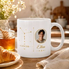 Personalized Cancer Photo Mug, Custom Face Portrait & Name Ceramic Coffee Cup, Astrology Birthday Gift | Trinmama image 2