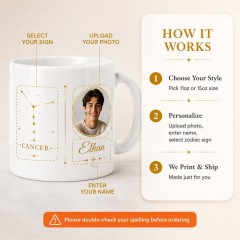 Personalized Cancer Photo Mug, Custom Face Portrait & Name Ceramic Coffee Cup, Astrology Birthday Gift | Trinmama image 4