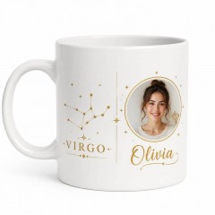Personalized Virgo Photo Mug, Custom Face Portrait & Name Ceramic Coffee Cup, Astrology Birthday Gift | Trinmama