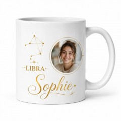 Personalized Libra Photo Mug, Custom Face Portrait & Name Ceramic Coffee Cup, Astrology Birthday Gift | Trinmama