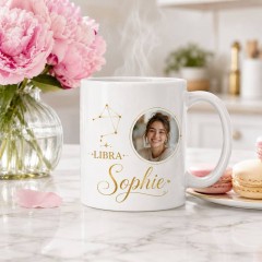 Personalized Libra Photo Mug, Custom Face Portrait & Name Ceramic Coffee Cup, Astrology Birthday Gift | Trinmama image 2