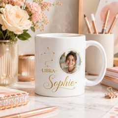 Personalized Libra Photo Mug, Custom Face Portrait & Name Ceramic Coffee Cup, Astrology Birthday Gift | Trinmama image 3