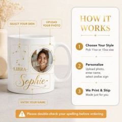 Personalized Libra Photo Mug, Custom Face Portrait & Name Ceramic Coffee Cup, Astrology Birthday Gift | Trinmama image 4