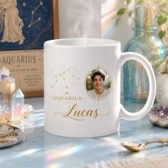 Personalized Aquarius Photo Mug, Custom Face Portrait & Name Ceramic Coffee Cup, Astrology Birthday Gift | Trinmama image 2