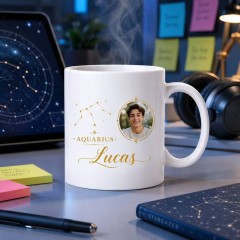 Personalized Aquarius Photo Mug, Custom Face Portrait & Name Ceramic Coffee Cup, Astrology Birthday Gift | Trinmama image 3