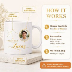 Personalized Aquarius Photo Mug, Custom Face Portrait & Name Ceramic Coffee Cup, Astrology Birthday Gift | Trinmama image 4