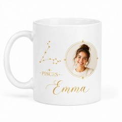 Personalized Pisces Photo Mug - Custom Face Portrait & Name Gift, Constellation Photo Coffee Mug, Astrology Birthday Gift