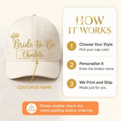 Personalized Bride-to-Be Baseball Cap, Custom Name Gold Crown Hat, Bridal Party Gift | Trinmama image 5