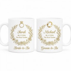 Personalized Wedding Mug Pair - Bride-to-Be & Groom-to-Be Custom Name Mugs with Date & Venue