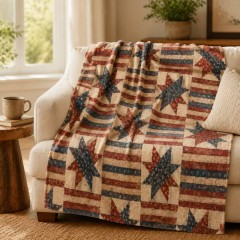 Vintage Star Quilt Fleece Blanket, Americana Patchwork Throw, Farmhouse Home Decor Gift | Trinmama image 2